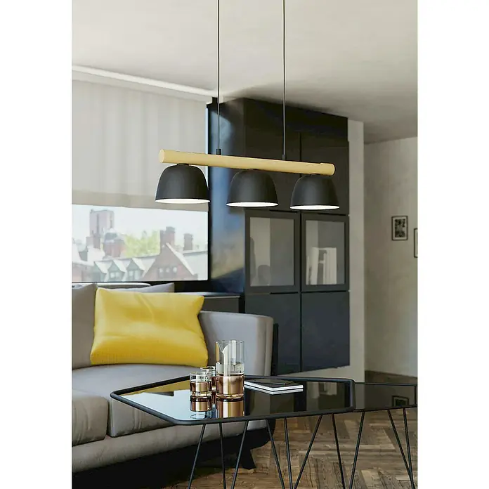 Eglo Lámpara colgante Sherburn - 120 W, L x An x Al: 20 x 77 x 110 cm, Negro/Madera, E27 - Elegante lámpara colgante con tres pantallas negras y detalle de madera, añadiendo un toque moderno al salón.
