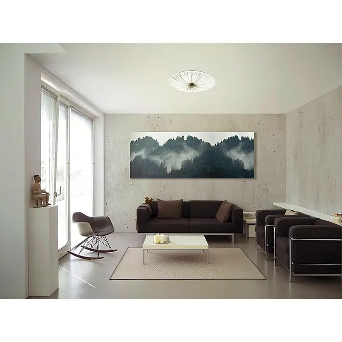 Eglo Plafón LED redondo Nieves - 30,8 W, Ø x Al: 51 x 6 cm, Blanco, Blanco, Blanco cálido - Salón luminoso con un elegante sofá marrón, situado bajo un impresionante cuadro de paisaje en una pared de hormigón.