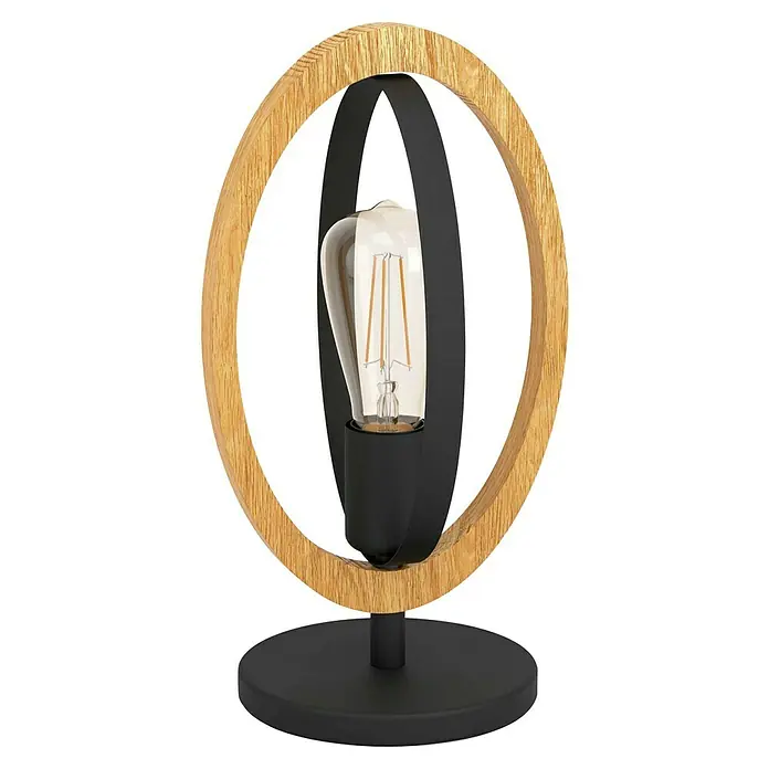 Eglo Basildon Tischleuchte - 40 W, L x B x H: 19 x 16 x 34,5 cm, E27 - Elegante Tischleuchte mit Holzring und schwarzem Metalleinsatz. Eine moderne Beleuchtungsidee für Ihr Zuhause.