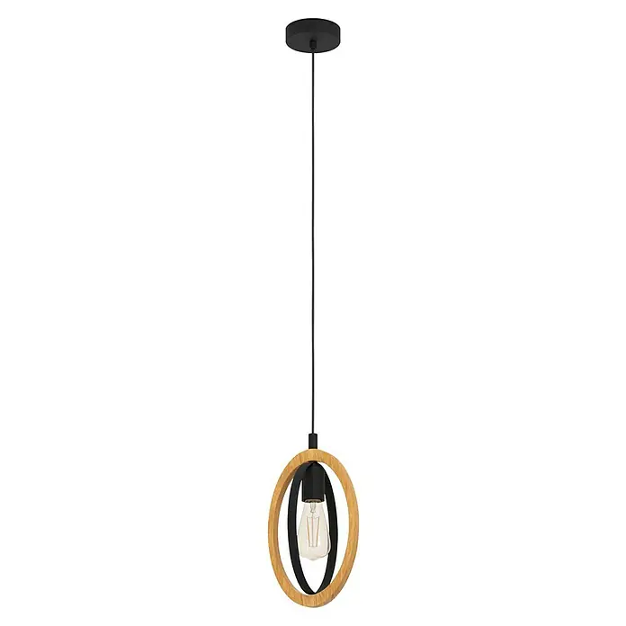 Eglo Basildon Hängelampe - 40 W, Ø x H: 19 x 110 cm, Schwarz, Braun, E27 - Moderne Hängelampe mit Holzring und schwarzem Detail. Ein elegantes Design für jeden Raum.