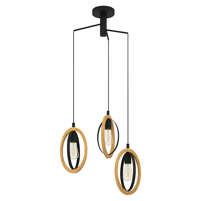 Eglo Basildon Lámpara colgante - 120 W, Ø x Al: 61,5 x 130 cm, Negro, E27 - Lámpara colgante elegante con tres luces en aspecto de madera y metal. Perfecta para espacios modernos.