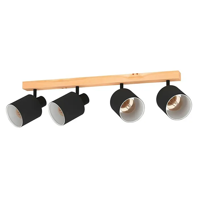 Eglo Batallas Regleta - 160 W, Negro/Blanco, E27, 4 ud. - Lámpara de techo con cuatro focos negros y base de madera clara. Iluminación interior elegante para espacios modernos.