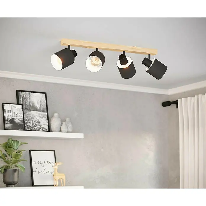 Eglo Batallas Regleta - 160 W, Negro/Blanco, E27, 4 ud. - Lámpara de techo moderna con cuatro focos en negro y aspecto de madera, creando un ambiente elegante en cualquier habitación.