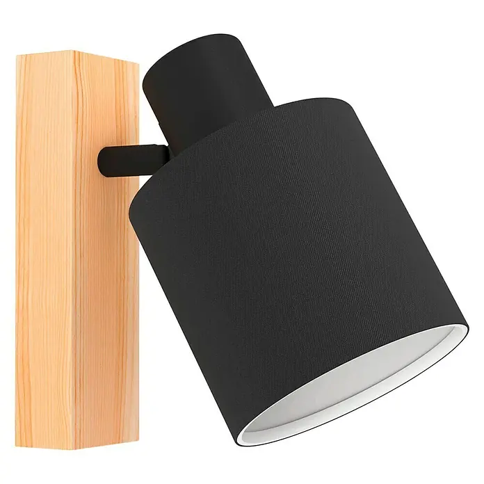 Eglo Batallas Aplique de pared - 40 W, Negro, Negro/Blanco, E27 - Este primer plano muestra un elegante aplique negro con base de madera, aportando un toque moderno y natural a cualquier espacio.