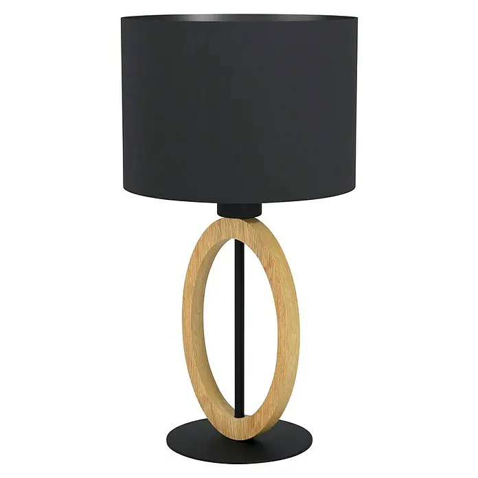 Eglo Basildon Lámpara de sobremesa redonda - 40 W, Ø x Al: 23 x 45,5 cm, Negro, E27 - Elegante lámpara de mesa con pantalla negra y marco de madera clara, que añade un toque moderno.