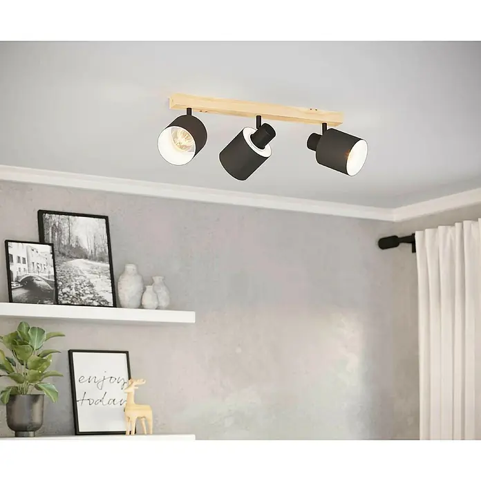 Eglo Batallas Regleta - 120 W, Negro, Negro/Blanco, E27, 3 ud. - Lámpara de techo moderna con tres focos ajustables y base de madera. Ideal para iluminar espacios de estar, con diseño elegante.