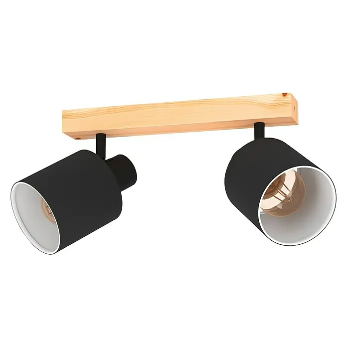 Eglo Batallas Regleta - 80 W, Negro, Negro/Blanco, E27, 2 ud. - Primer plano de una lámpara de techo con dos pantallas negras y una base de madera.