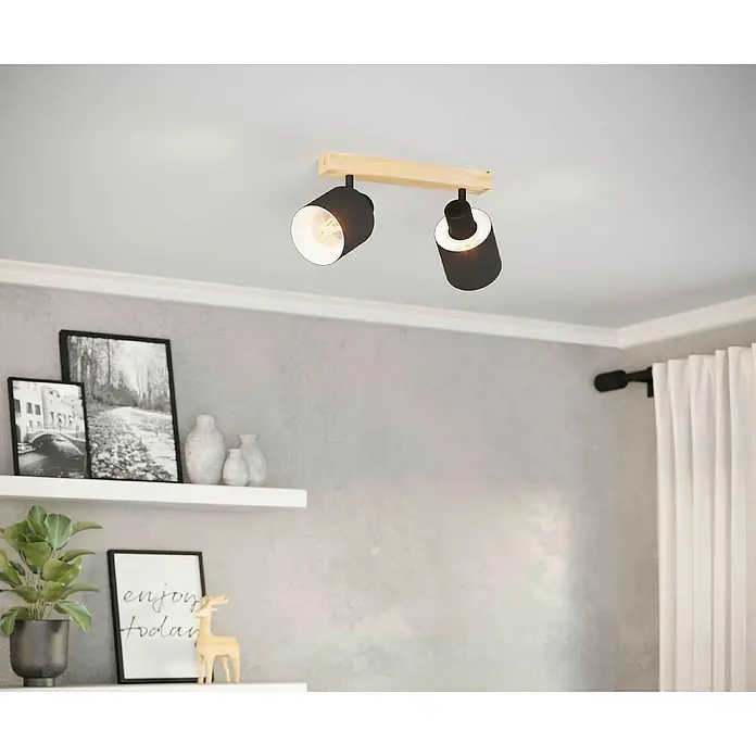 Eglo Batallas Regleta - 80 W, Negro, Negro/Blanco, E27, 2 ud. - Lámpara de techo con dos focos negros sobre una base de madera clara, diseño moderno para interiores.