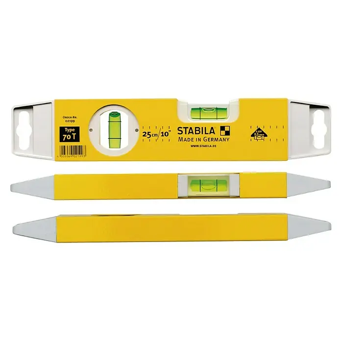 Stabila Torpedo-Wasserwaage Typ 70T - Länge: 25 cm, Anzahl Libellen: 2 Stk. - Abbildung einer gelben Stabila 70 T Wasserwaage in drei verschiedenen Perspektiven.