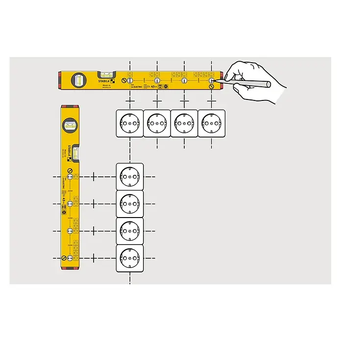 Stabila Wasserwaage Typ 70 electric - Länge: 43 cm, Anzahl Libellen: 2 Stk. - Illustration eines gelben Stabila Wasserwaagen-Werkzeugs zum präzisen Ausrichten von vier horizontalen und vier vertikalen Steckdosen.