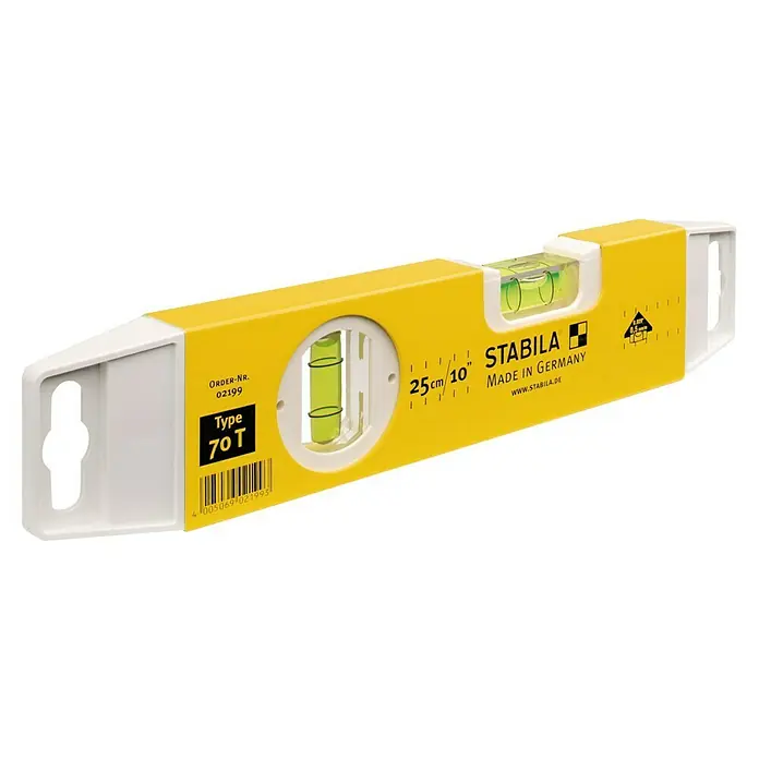 Stabila Torpedo-Wasserwaage Typ 70T - Länge: 25 cm, Anzahl Libellen: 2 Stk. - Nahaufnahme einer gelben Stabila Wasserwaage Typ 70 T, ideal für präzise Messungen und Nivellierungen im Handwerk.