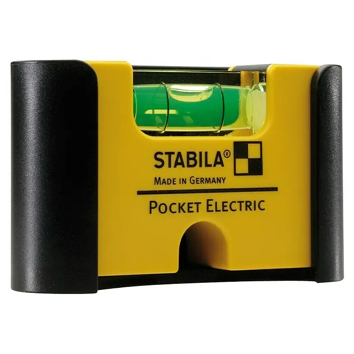 Stabila Wasserwaage Pocket Electric - Horizontal-Libelle - Eine gelbe Stabila Pocket Electric Wasserwaage, ideal für Elektroinstallationen und präzises Ausrichten auf engstem Raum. Kompaktes Design.