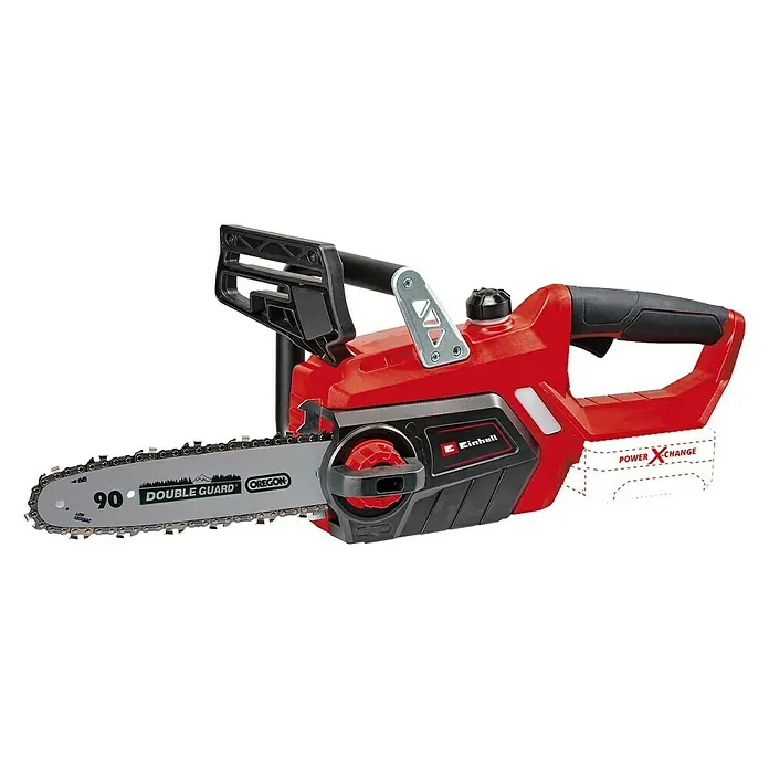 Einhell PXC 18V Motosierra de batería GE-LC 18 Li-Solo - 18 V, Sin batería, Longitud de la cuchilla: 25 cm - Motosierra inalámbrica Einhell con cuerpo rojo, mango negro y cadena plateada. Ideal para jardinería y poda de árboles.