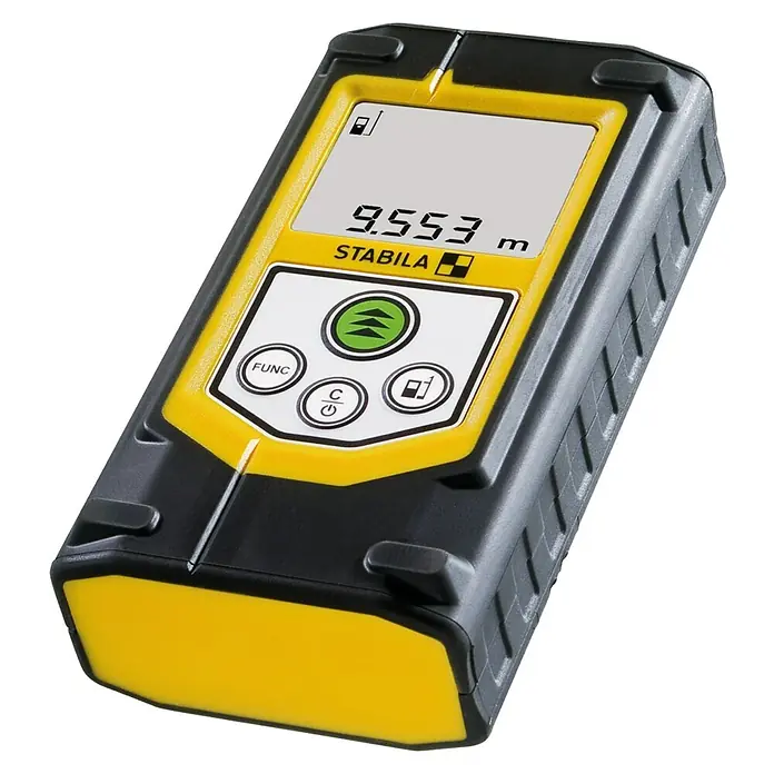 Stabila Laserentfernungsmesser LD 320 - Messbereich: 0,05 - 40 m - Nahaufnahme eines gelben und schwarzen Stabila-Laserentfernungsmessers mit einer Anzeige von 9,553 m.