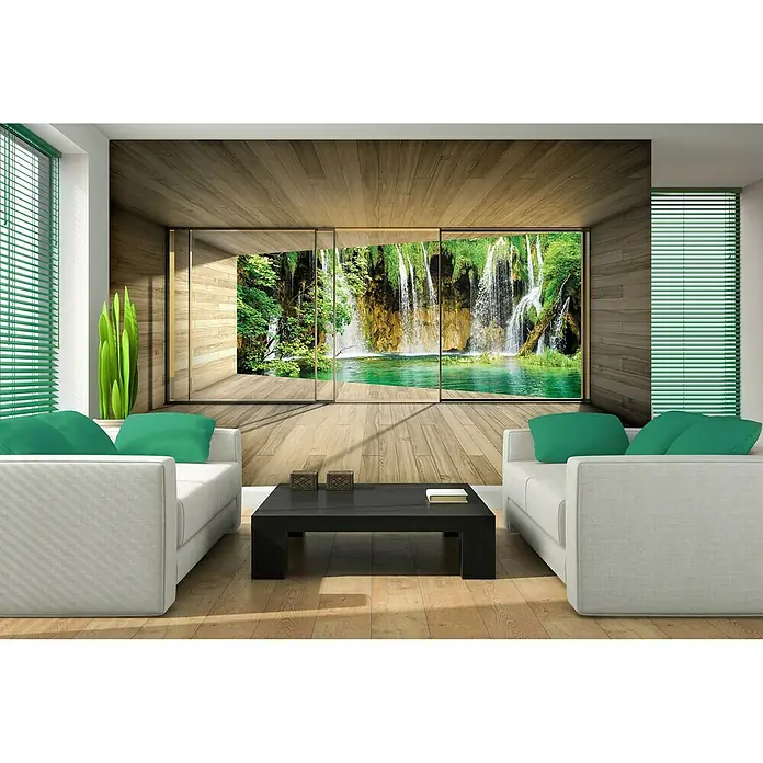 Fototapete Wasserfall VIIIB x H: 416 x 254 cm, Vlies - Ein Wohnzimmer mit zwei weißen Sofas und einem schwarzen Couchtisch, mit Blick auf einen Wasserfall durch ein großes Fenster.