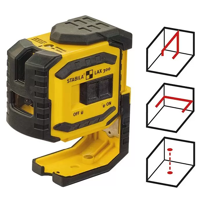 Stabila Kreuzlinienlaser LAX 300 - Max. Arbeitsbereich: 20 m, 8 -tlg. - Gelb-schwarzer professioneller Stabila LAX 300 Linienlaser, der horizontale, vertikale und Lotpunktlinien für präzise Ausrichtung projiziert.