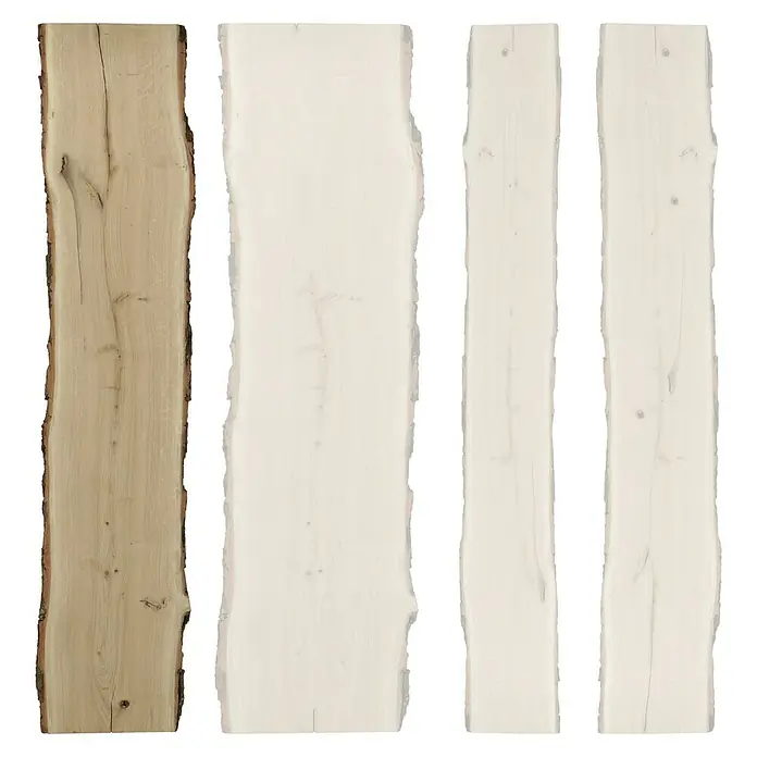 Blockware - Eiche, Anfallende Breite: 30 cm - 35 cm, 200 x 2,6 cm - Vier Holzbretter mit unterschiedlichen Oberflächenbehandlungen, ideal für DIY-Projekte und rustikale Dekorationen.