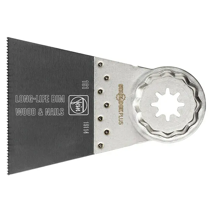 Fein AMPShare 18V Multiherramienta de batería AMM 700 Max - 18 V, Sin batería, Número de oscilaciones marcha en vacío: 10.000 /min - 19.500 /min - Primer plano de una hoja de sierra Fein Starlock Plus, ideal para madera y clavos, con tecnología BIM de larga duración para cortes precisos.