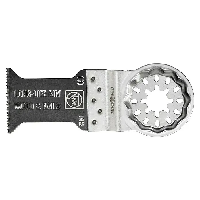 Fein AMPShare 18V Multiherramienta de batería AMM 700 Max - 18 V, Sin batería, Número de oscilaciones marcha en vacío: 10.000 /min - 19.500 /min - Hoja multiherramienta Fein, BIM de larga duración, diseñada para madera y clavos, con montura Starlock para multiherramientas oscilantes.