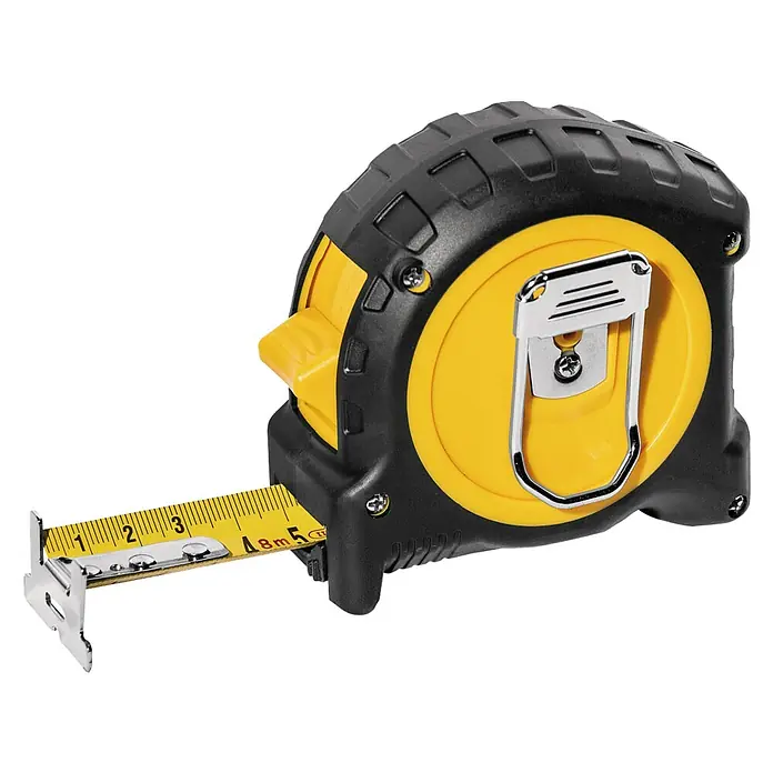 Stabila Taschenbandmaß BM 300 - 5 m - Ein robustes Rollbandmaß in Schwarz und Gelb, ideal für genaue Messungen. Das Werkzeug zeigt eine Länge von 4.8m an und ist ein zuverlässiger Begleiter.