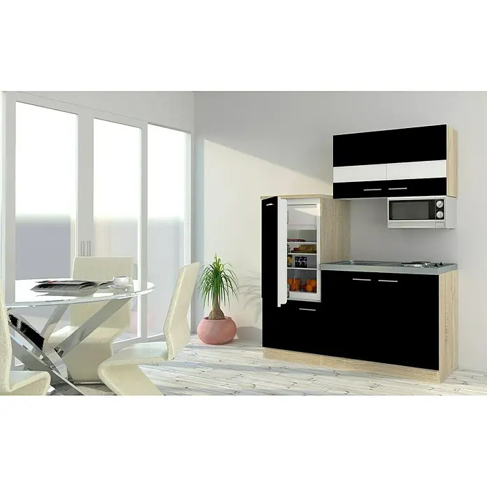 Respekta Singleküche Luis - Breite: 160 cm, Schwarz, Mit Duo-Kochmulde und Mikrowelle - Küchenset mit Kühlschrank, Mikrowelle und Spüle in modernem Design mit schwarzen und hellen Holzelementen. Ideal für kleine Räume.
