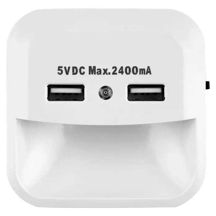 REV LED-Nachtlicht mit USB-LADEGERÄT - L x B x H: 45 x 70 x 70 mm, Kaltweiß - Weißes USB-Ladegerät mit zwei USB-Anschlüssen und einer runden Buchse in der Mitte mit der Aufschrift „5VDC Max.2400mA".