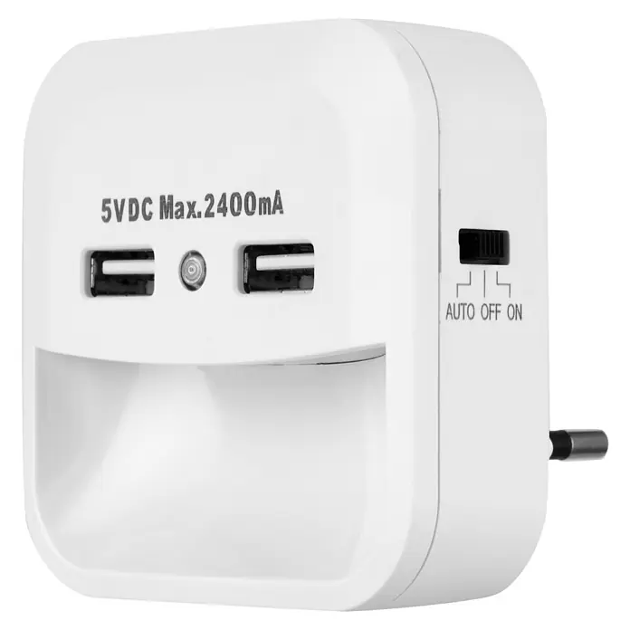 REV LED-Nachtlicht mit USB-LADEGERÄT - L x B x H: 45 x 70 x 70 mm, Kaltweiß - Ein weißer USB-Stecker mit zwei USB-Anschlüssen, einem Schalter und der Aufschrift "5VDC Max.2400mA".