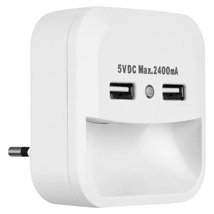 REV LED-Nachtlicht mit USB-LADEGERÄT - L x B x H: 45 x 70 x 70 mm, Kaltweiß - Weißes USB-Ladegerät mit zwei Anschlüssen und einer Kapazität von 5VDC Max. 2400mA für schnelles und effizientes Aufladen.