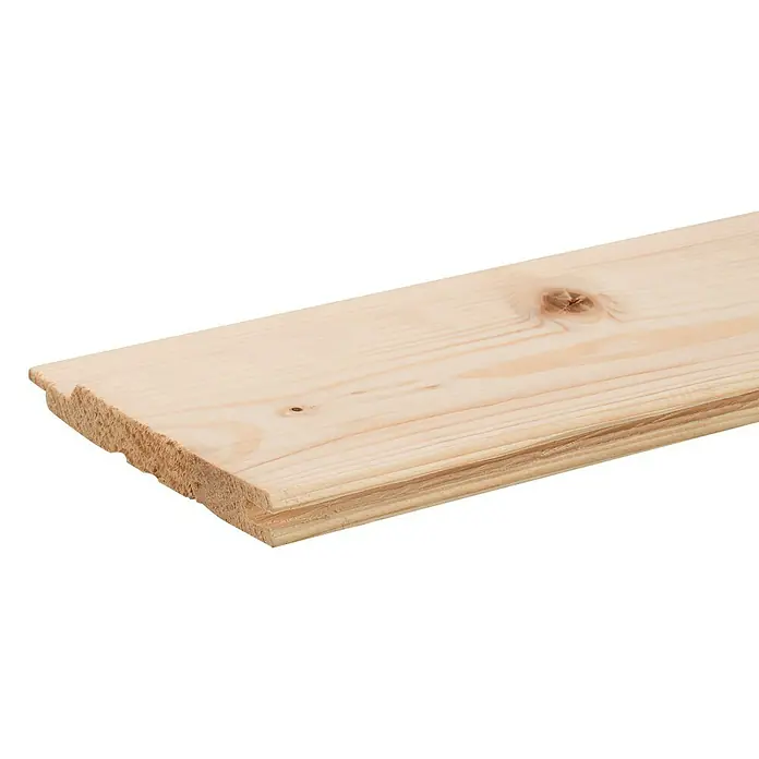 Profilholz - Fichte/Tanne, B-Sortierung, 180 x 9,6 x 1,25 cm - Nahaufnahme eines einzelnen, hellen Holzbretts mit Nut- und Federverbindung und sichtbarer Maserung.