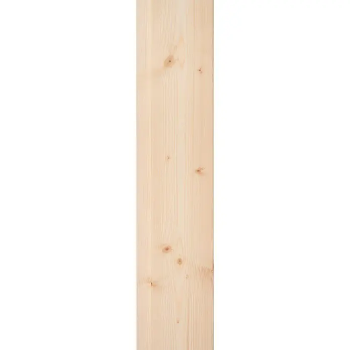 BAUHAUS Profilholz - Fichte/Tanne, A-Sortierung, 270 x 9,6 x 1,25 cm - Ein vertikales, helles Holzbrett mit sichtbarer Maserung und Astlöchern, ideal für rustikale oder natürliche Designprojekte.