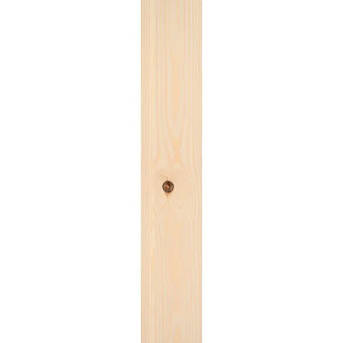 Profilholz - Kiefer, A/B-Sort., 200 x 9,6 x 1,25 cm - Detailansicht einer hellen Holzplanke mit Astloch in der Mitte, ideal für Texturen oder Hintergründe.