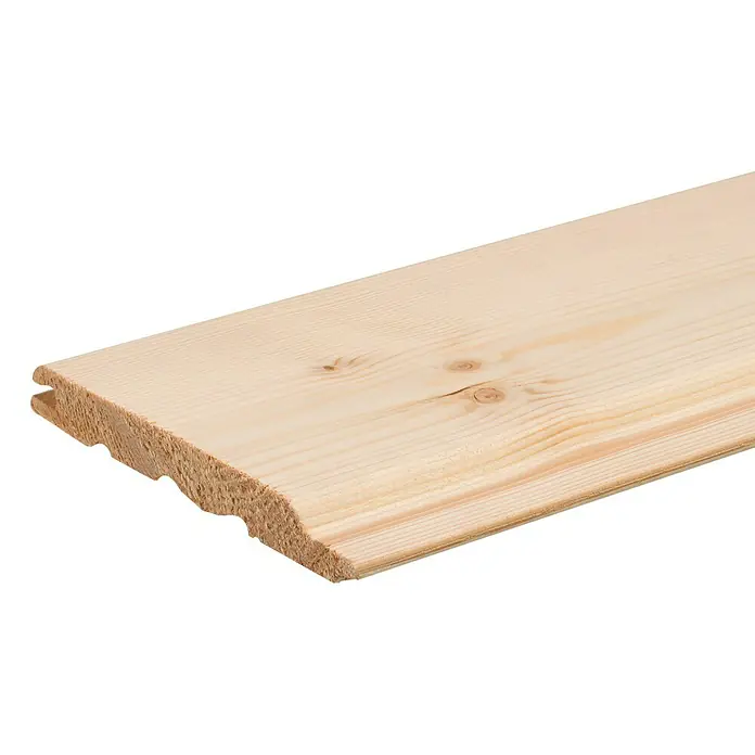 BAUHAUS Profilholz - Fichte/Tanne, A-Sortierung, 300 x 12,1 x 1,4 cm - Nahaufnahme eines Profilholzbretts mit Nut und Feder, das die natürliche Holzmaserung und die helle Farbe hervorhebt.