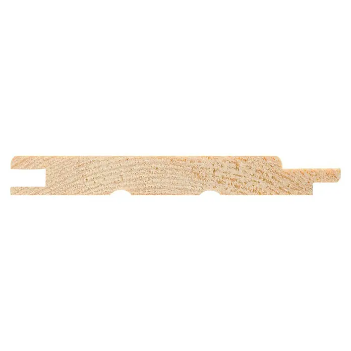 Profilholz - Kiefer, A/B-Sort., 200 x 9,6 x 1,25 cm - Nahaufnahme eines Nut-und-Feder-Holzprofils. Das Holzprofil ist hellbraun und hat eine ausgeprägte Maserung mit Nut und Feder Verbindung.