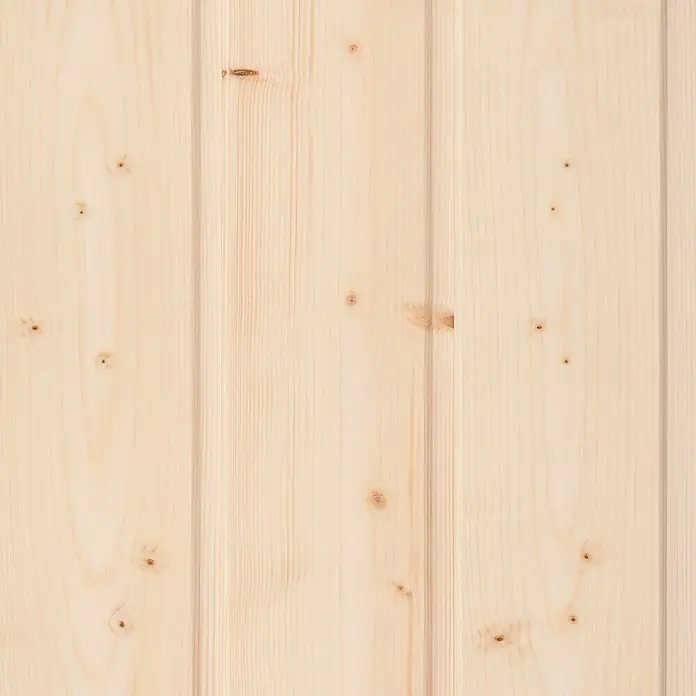 Profilholz - Fichte/Tanne, B-Sortierung, 240 x 12,1 x 1,4 cm - Nahaufnahme von hellen, senkrechten Holzpaneelen mit Astlöchern und Maserung, ideal für Wandverkleidungen und Innenausbau.