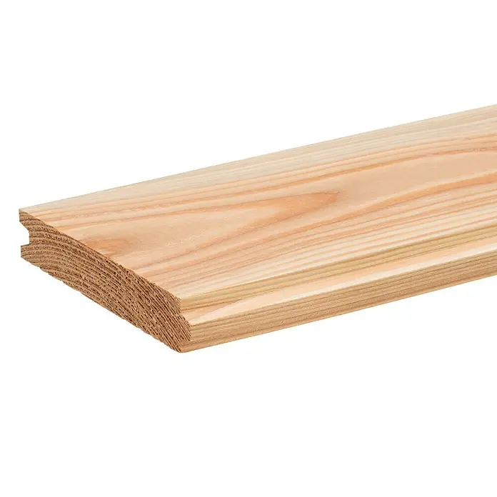 RauhspundDouglasie, 2.000 x 116 x 21 mm - Dieses Bild zeigt ein Profilholzbrett aus hellem Holz mit sichtbarer Maserung, das für Wandverkleidungen oder dekorative Zwecke geeignet ist.