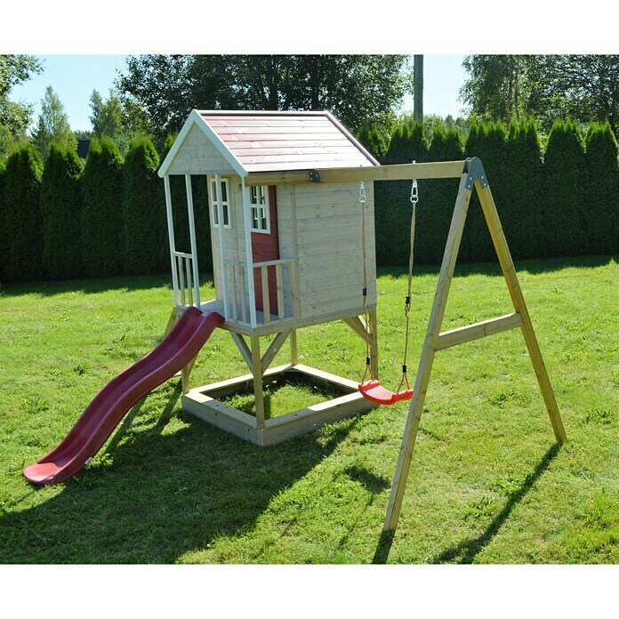 Wendi Toys Spielhaus Alpaka290 x 350 cm, Holz, Natur/Rot Mood Shot