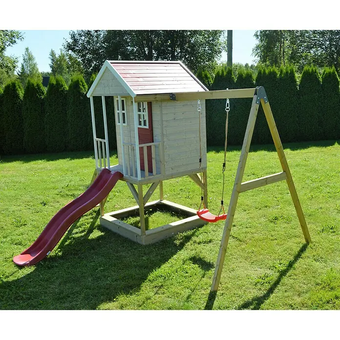 Wendi Toys Spielhaus Alpaka - Glas, Natur/Rot - Ein farbenfrohes Spielhaus mit Rutsche und Schaukel für Kinder im Garten, ideal für stundenlangen Spielspaß im Freien.