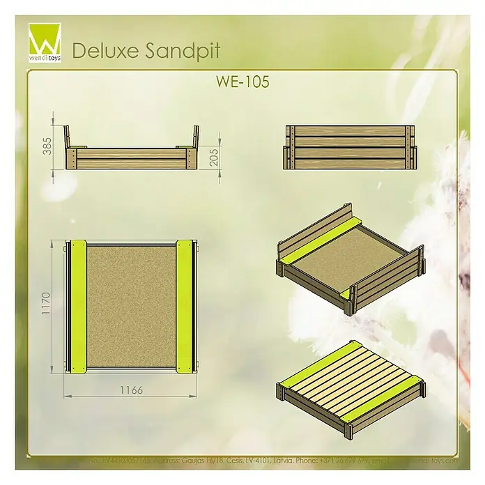Wendi Toys Sandkasten Deluxe - 120 x 120 x 25 cm, Holz, Natur/Grün - Bild der Deluxe Sandkiste WE-105 mit ihren Abmessungen und verschiedenen Ansichten, die das Design und die Konstruktion hervorheben.