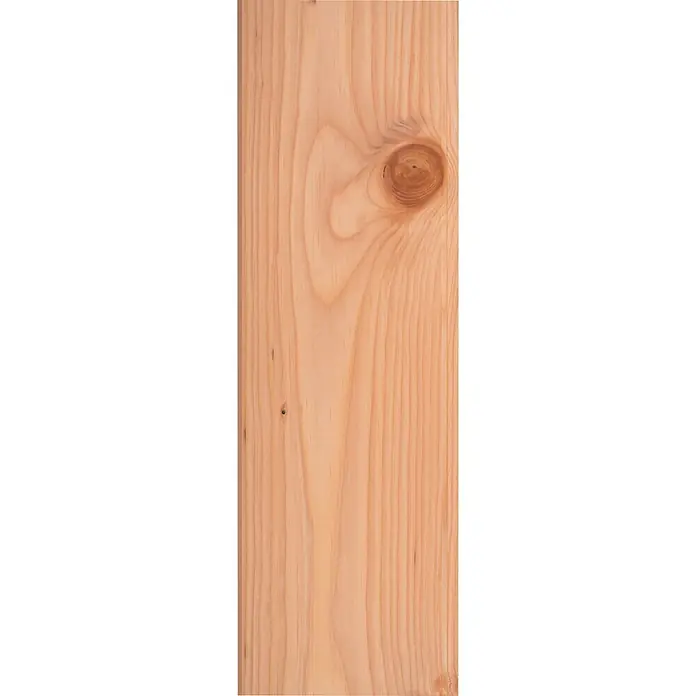 Kombiprofil - 2.000 x 116 x 19 mm, Douglasie, Unbehandelt - Nahaufnahme eines hellen Kiefernbretts mit Ästen und Maserung. Vielseitiges Holzprodukt für Bau- und Dekorationsprojekte.