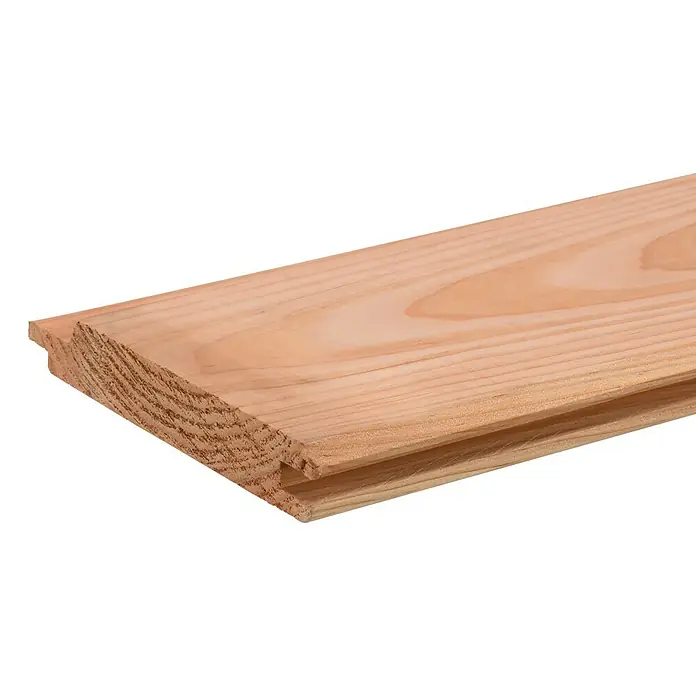 Kombiprofil - 2.000 x 116 x 19 mm, Douglasie, Unbehandelt - Abgebildete Nut- und Federbrett aus hellem Holz, ideal für Wandverkleidungen oder Decken. Das Holz zeigt eine schöne Maserung und eine glatte Oberfläche.