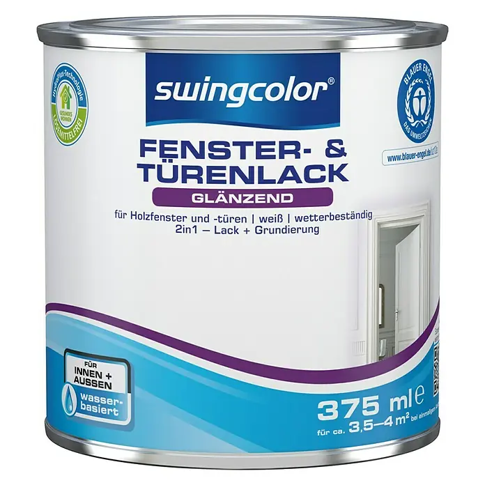 swingcolor Fenster- & Türenlack Acryl - Weiß, Glänzend, 375 ml, Wasserbasiert - Dose Swingcolor Fenster- & Türenlack glänzend, 375 ml, für den Innen- und Außenbereich, wasserbasiert, ideal für Holzfenster und -türen.