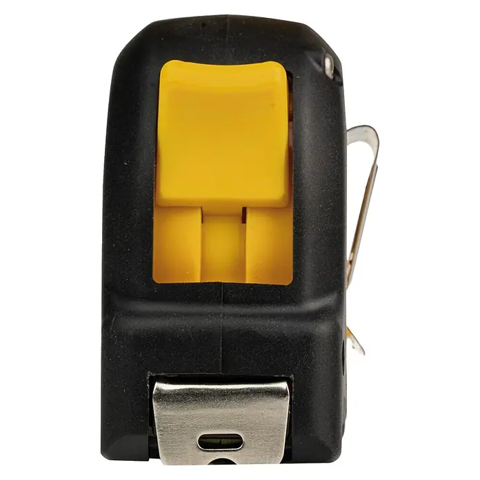Stabila Taschenbandmaß BM 100 - 5 m - Nahaufnahme eines schwarzen Rollbandmaßes mit gelbem Knopf und silbernem Clip, ein nützliches Werkzeug für präzise Messungen.