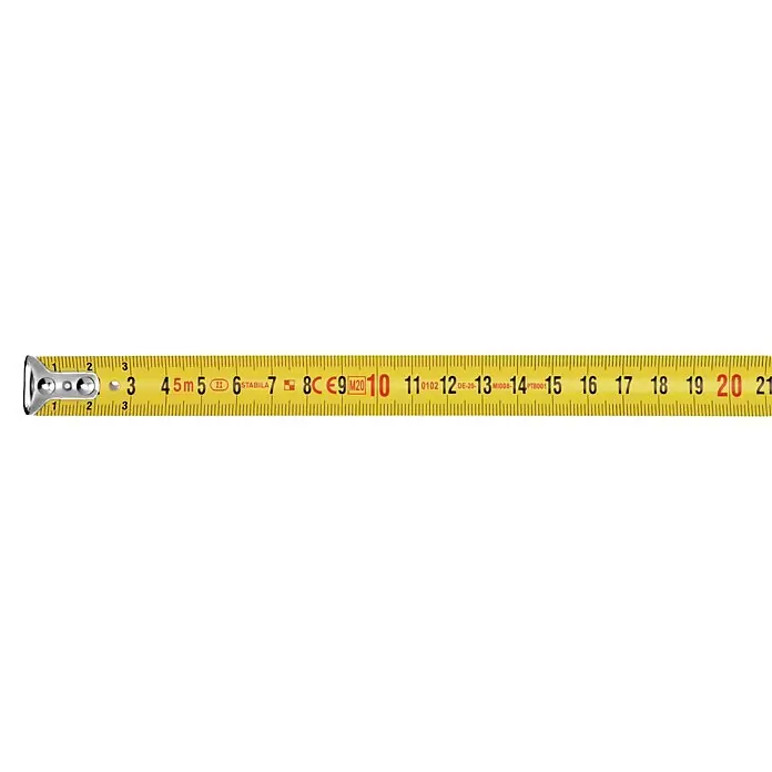 Stabila Taschenbandmaß BM 100 - 5 m - Ein gelbes Rollmaßband mit Metallhaken, das metrische Maße anzeigt.