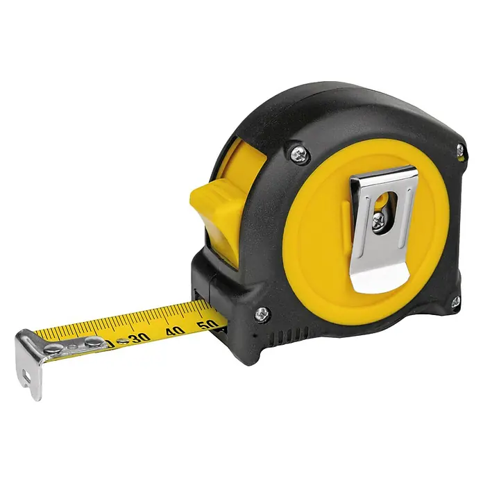 Stabila Taschenbandmaß BM 100 8 M - 8 m - Nahaufnahme eines Rollbandmaßes in Schwarz und Gelb, das 30 bis 50 cm anzeigt.