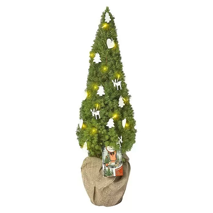 Piardino Garten-Arrangement mit Deko und Lichtern - Zuckerhutfichte, Bot. Picea conica, 3 l - Grüner Weihnachtsbaum, geschmückt mit weißen Ornamenten und gelben Lichtern, in einem Topf mit Jutesack und Produktetikett.