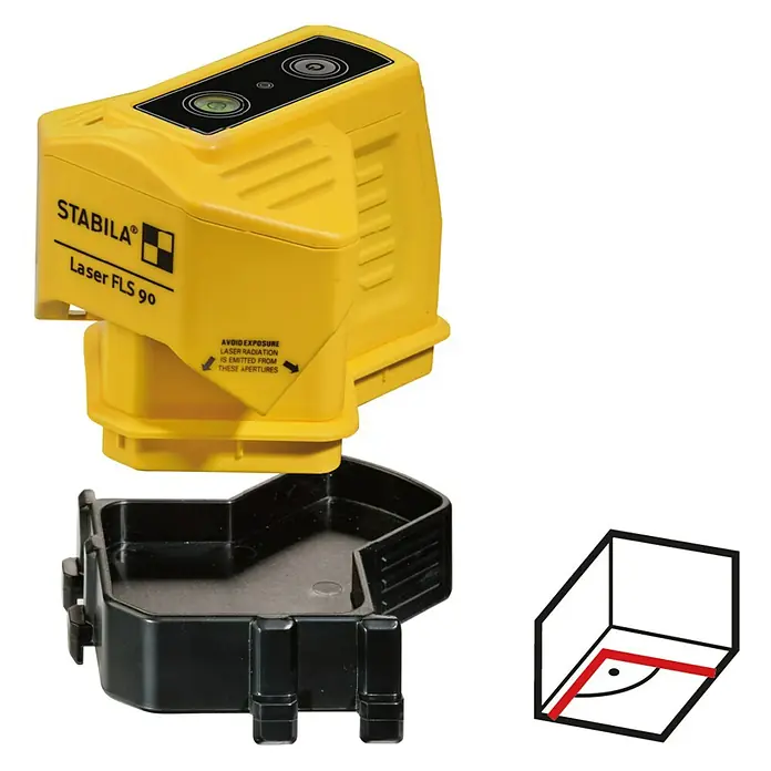 Stabila Bodenlinien-Laser FLS 90 - Ca. 15 m, 90 ° - Abbildung eines gelben Stabila Laser FLS 90 mit schwarzer Basis, ideal für präzise Messungen und Ausrichtungen im Bauwesen.