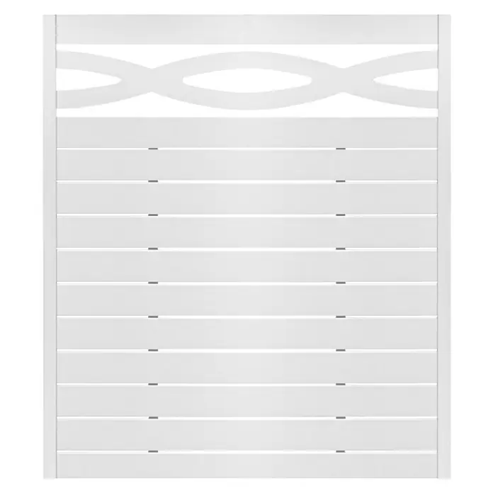Andrewex Sichtschutzelement Geneva - 180 x 180 cm, Grau - Weiße Zaunpaneele mit horizontalen Brettern und dekorativem Design oben.
