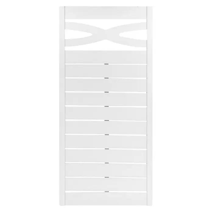 Andrewex Sichtschutzelement Geneva - 180 x 90 cm, Grau - Ein weißes Gartentor mit einem dekorativen X-förmigen Muster im oberen Bereich und horizontalen Lamellen im unteren Bereich.