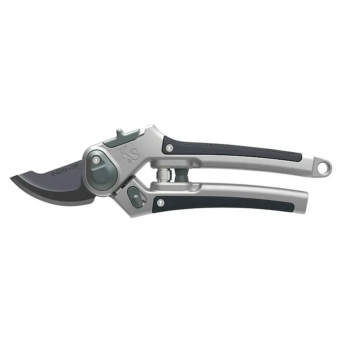 Kent & Stowe Gartenschere Eversharp - Bypass - Eine silberfarbene Gartenschere mit schwarzen Griffen, auf der die Aufschrift "Eversharp" zu sehen ist.