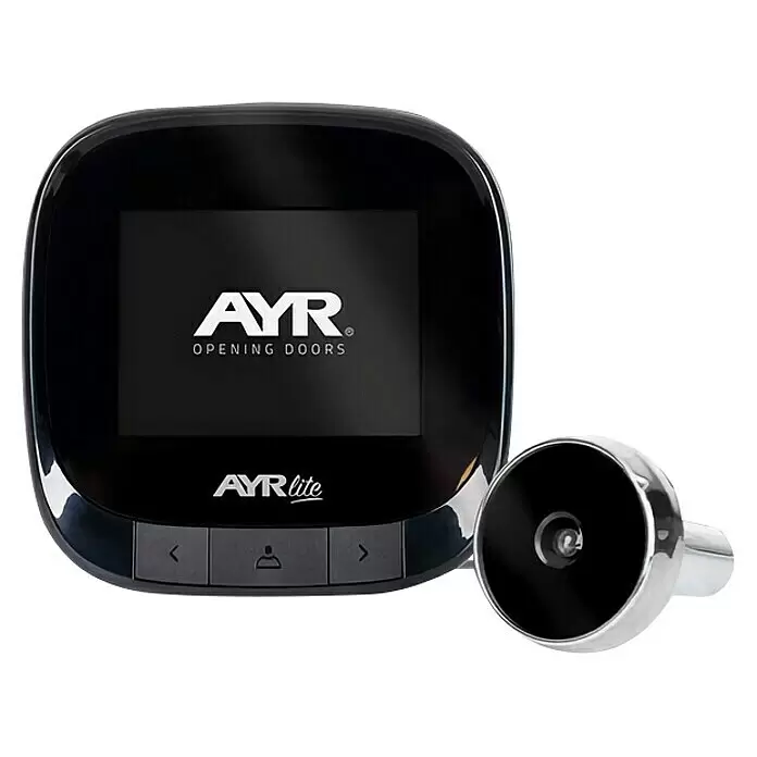 AYR Mirilla digital 9001 - Negro, Grosor de la puerta: 35 mm - 120 mm - Mirilla digital negra con pantalla y logo 'AYR', combinada con una unidad de cámara exterior cromada.
